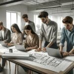 Equipo joven trabajando en una oficina sobre planos arquitectónicos y computadoras portátiles, ambiente colaborativo.