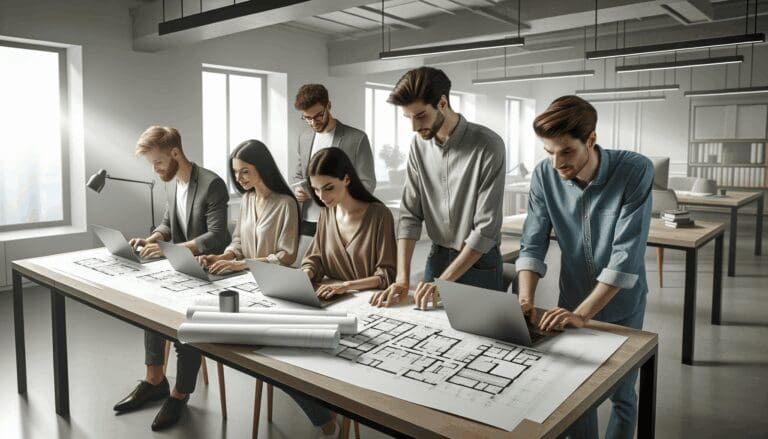 Equipo joven trabajando en una oficina sobre planos arquitectónicos y computadoras portátiles, ambiente colaborativo.