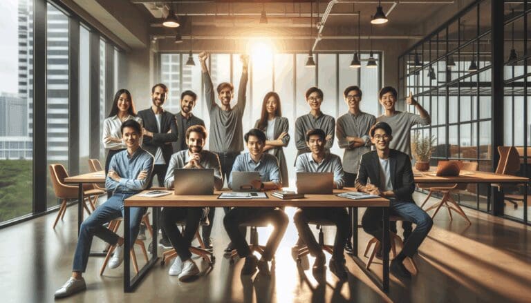 Equipo de emprendedores reunido en un espacio moderno de coworking con luz natural y laptops en una mesa.