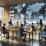 Personas trabajando en una oficina moderna con pantallas que muestran mapas financieros de América Latina.