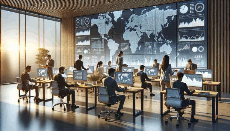 Personas trabajando en una oficina moderna con pantallas que muestran mapas financieros de América Latina.