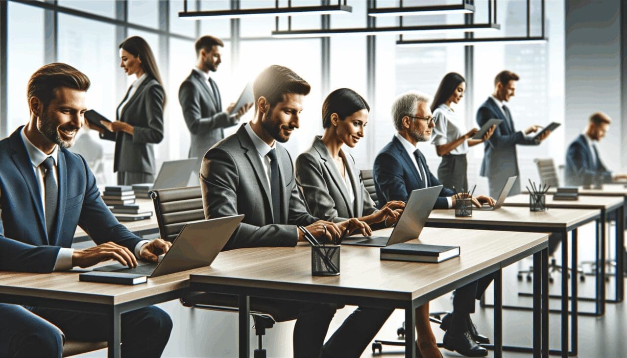 Oficinas modernas con profesionales usando laptops y pantallas digitales, ambiente corporativo y tecnológico.