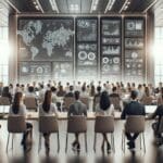 Personas colaborando en un foro tecnológico, con pantallas digitales y ambiente moderno.