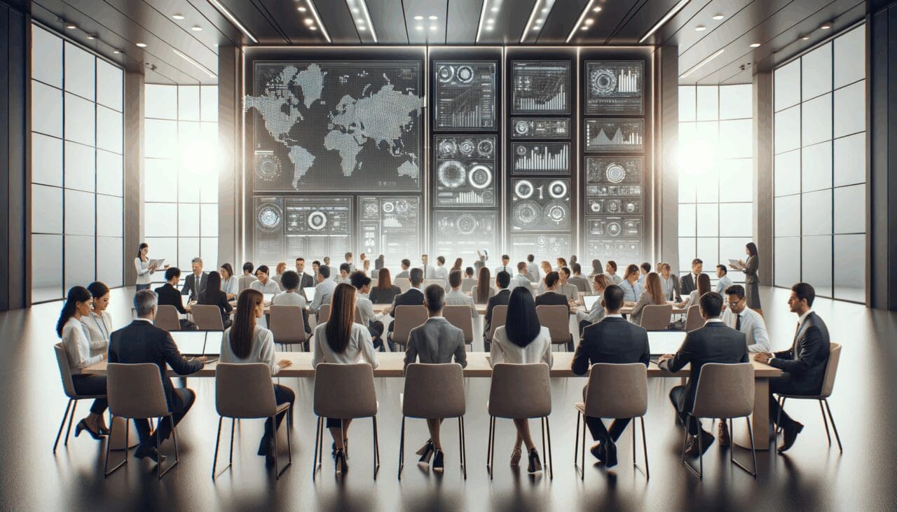 Personas colaborando en un foro tecnológico, con pantallas digitales y ambiente moderno.