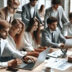 Fotografía profesional de una reunión de trabajo en una oficina moderna con jóvenes emprendedores analizando datos en laptops.