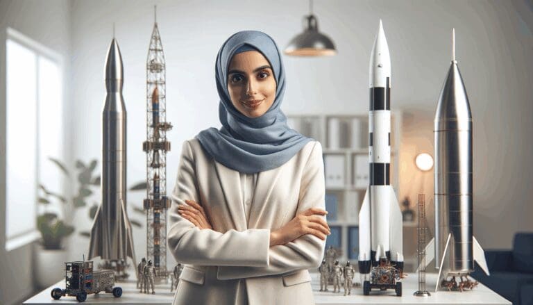 Retrato en estudio de una mujer ingeniera, rodeada de modelos de cohetes y tecnología satelital, ambiente claro y moderno.