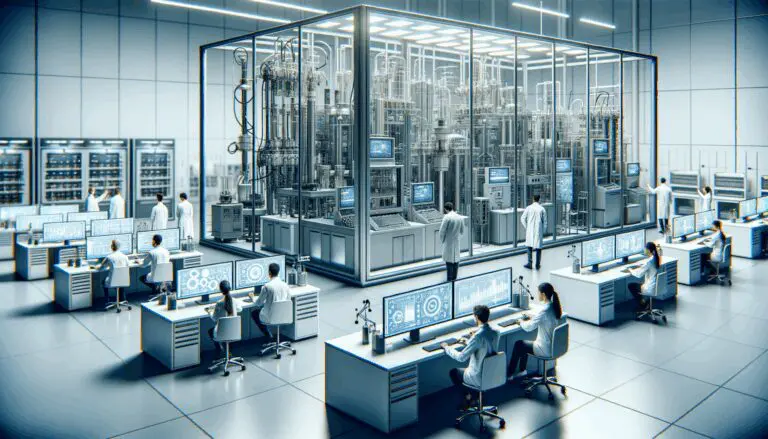 Laboratorio tecnológico con equipos de energía avanzada e investigadores trabajando.