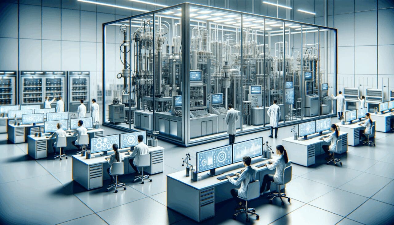 Laboratorio tecnológico con equipos de energía avanzada e investigadores trabajando.