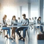 Ambiente universitario moderno con jóvenes colaborando frente a laptops en un espacio abierto y luminoso.