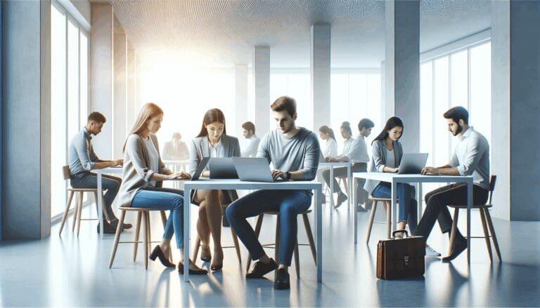 Ambiente universitario moderno con jóvenes colaborando frente a laptops en un espacio abierto y luminoso.