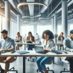 Oficina moderna y luminosa con equipo multicultural trabajando en computadoras portátiles, ambiente tecnológico y creativo.