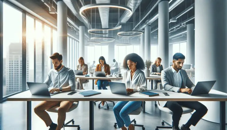 Oficina moderna y luminosa con equipo multicultural trabajando en computadoras portátiles, ambiente tecnológico y creativo.