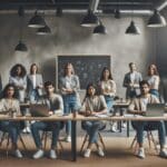 Jóvenes emprendedores reunidos en un espacio moderno de coworking, rodeados de laptops y pizarras digitales.