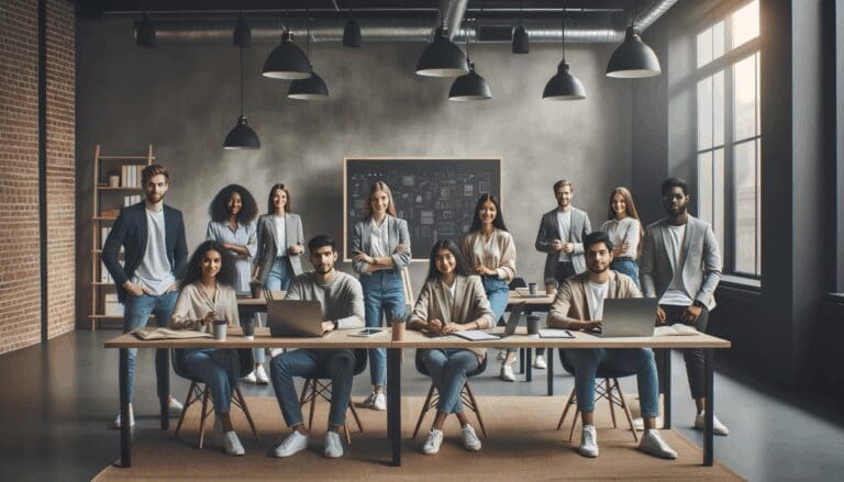 Jóvenes emprendedores reunidos en un espacio moderno de coworking, rodeados de laptops y pizarras digitales.