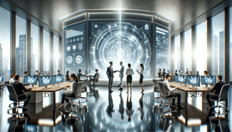 Oficina moderna con empleados interactuando frente a pantallas digitales futuristas.