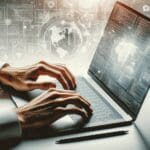Manos programando en una laptop moderna sobre un fondo claro, con gráficos digitales flotando al fondo.
