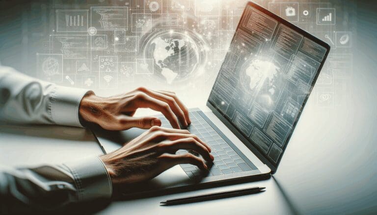 Manos programando en una laptop moderna sobre un fondo claro, con gráficos digitales flotando al fondo.