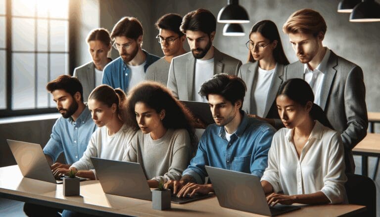 Jóvenes emprendedores colaborando frente a laptops en una oficina moderna de tecnología.