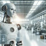 Robot industrial trabajando en una fábrica moderna, fondo tecnológico desenfocado.