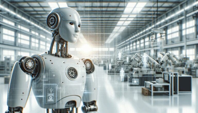 Robot industrial trabajando en una fábrica moderna, fondo tecnológico desenfocado.