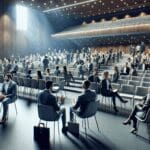 Auditorio moderno lleno de emprendedores y profesionales en networking, con ambiente dinámico e inspirador.