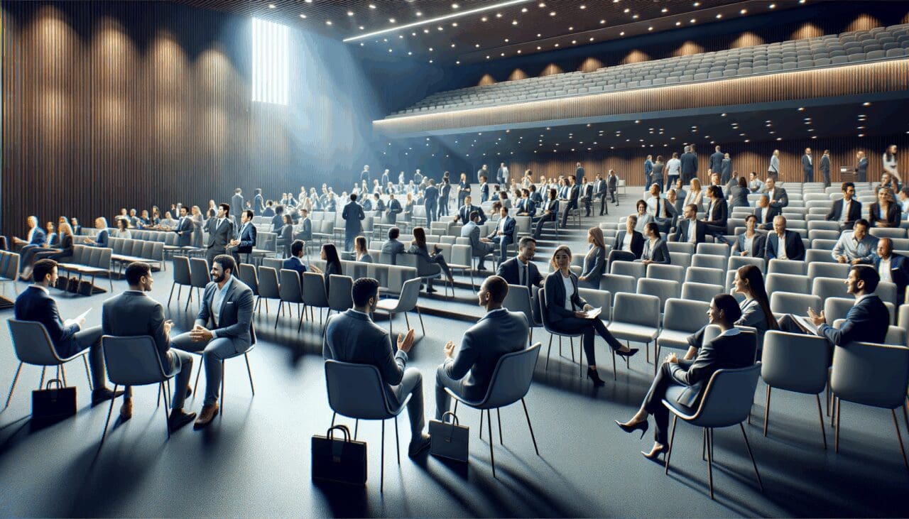 Auditorio moderno lleno de emprendedores y profesionales en networking, con ambiente dinámico e inspirador.