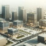 Vista aérea de un campus tecnológico con edificios modernos