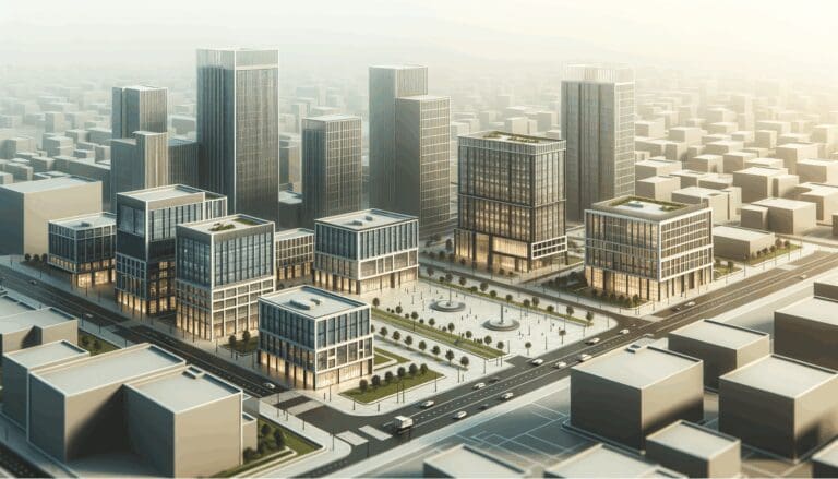 Vista aérea de un campus tecnológico con edificios modernos