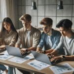 Tres jóvenes emprendedores utilizando laptops mientras planifican un evento en una sala moderna y luminosa.