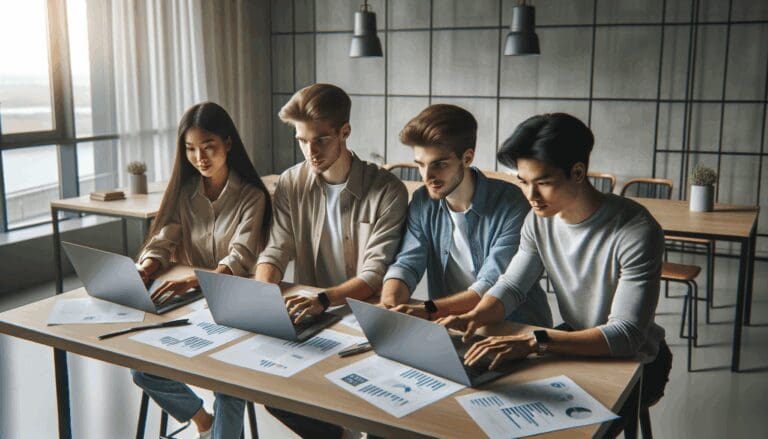 Tres jóvenes emprendedores utilizando laptops mientras planifican un evento en una sala moderna y luminosa.