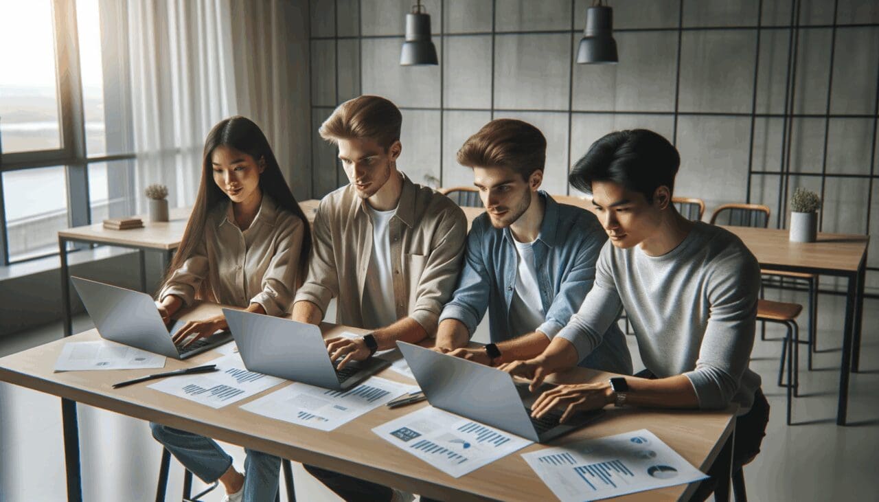 Tres jóvenes emprendedores utilizando laptops mientras planifican un evento en una sala moderna y luminosa.