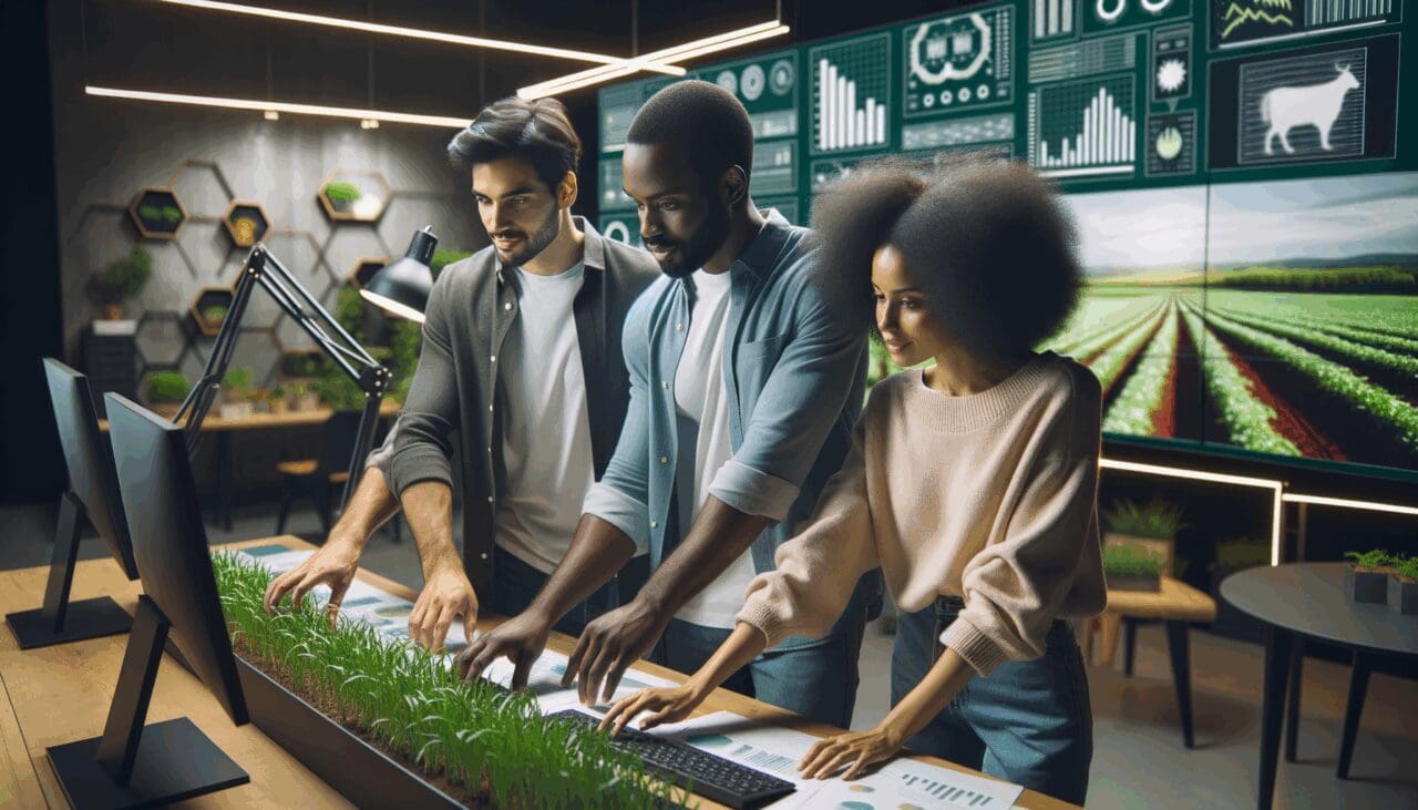 Equipo multicultural de jóvenes emprendedores analizando datos agrícolas en un espacio moderno y verde, con pantallas y dispositivos tecnológicos de fondo.