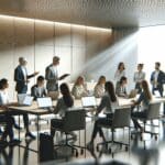 Sala moderna con emprendedores y mentores colaborando frente a computadoras portátiles.