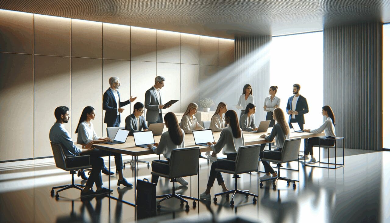 Sala moderna con emprendedores y mentores colaborando frente a computadoras portátiles.