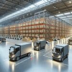 Centro de distribución logístico moderno con vehículos eléctricos y tecnología en movimiento.