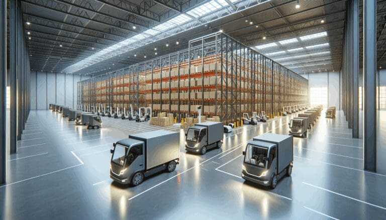 Centro de distribución logístico moderno con vehículos eléctricos y tecnología en movimiento.