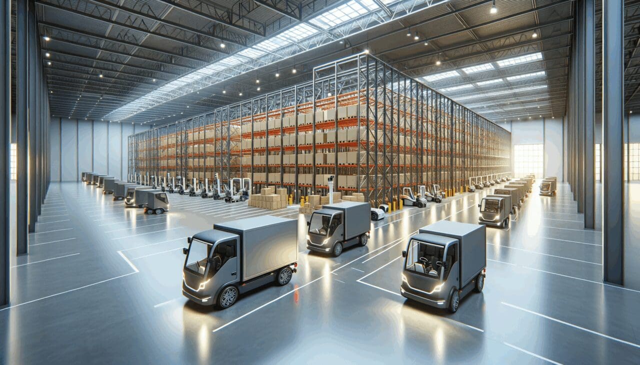 Centro de distribución logístico moderno con vehículos eléctricos y tecnología en movimiento.