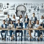 Equipo de profesionales trabajando en un espacio de coworking moderno con pizarras llenas de ideas de inteligencia artificial.