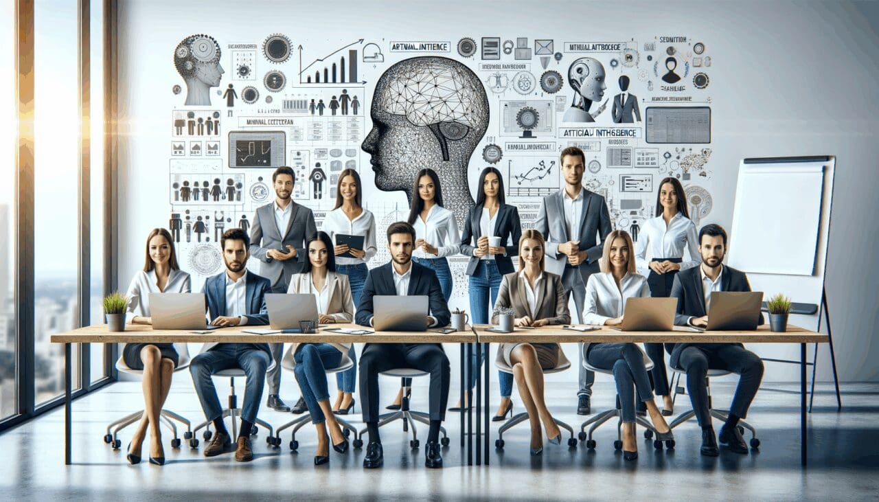 Equipo de profesionales trabajando en un espacio de coworking moderno con pizarras llenas de ideas de inteligencia artificial.