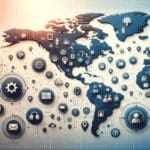 Mapamundi de América Latina con iconos de startups tecnológicas