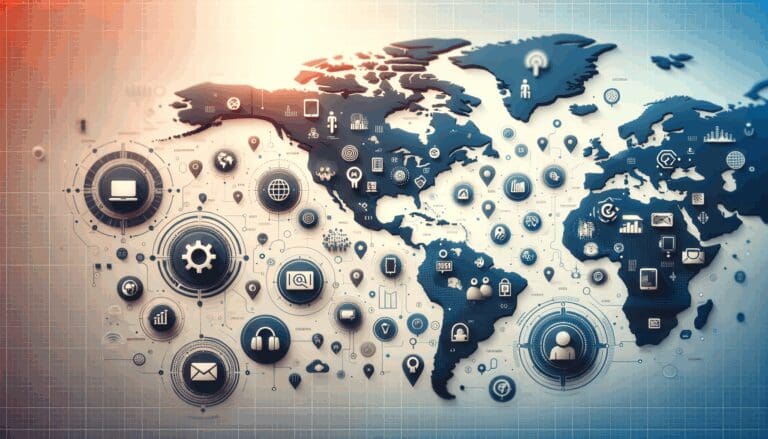 Mapamundi de América Latina con iconos de startups tecnológicas