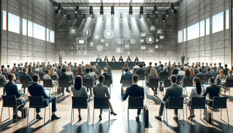 Auditorio moderno con emprendedores y jurados evaluando presentaciones tecnológicas en un evento empresarial.