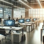 Oficina moderna de startup tecnológica con computadoras y pizarras digitales en uso.