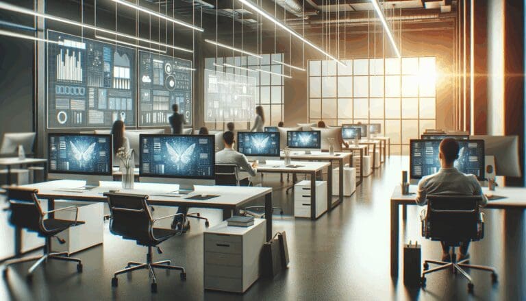 Oficina moderna de startup tecnológica con computadoras y pizarras digitales en uso.