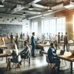 Grupo diverso de emprendedores reunidos en un espacio moderno de coworking con laptops y pizarras, ambiente vibrante de colaboración.