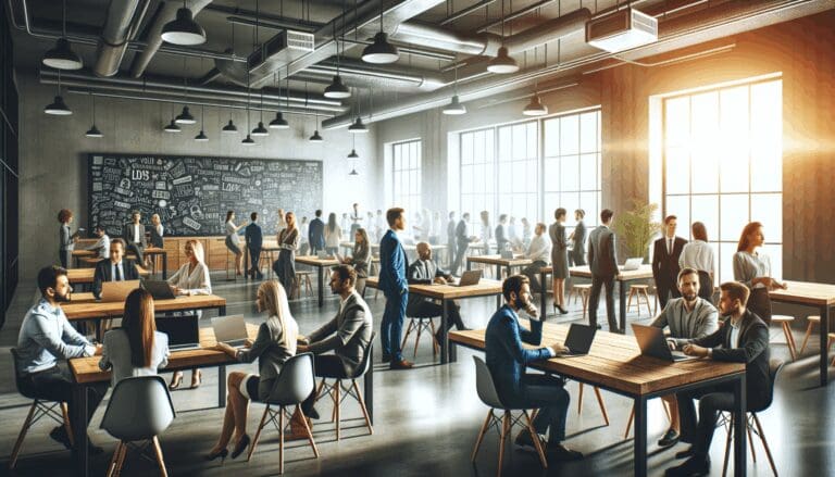 Grupo diverso de emprendedores reunidos en un espacio moderno de coworking con laptops y pizarras, ambiente vibrante de colaboración.