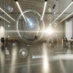 Primer plano de una interfaz tecnológica con elementos de inteligencia artificial en un entorno moderno de oficina