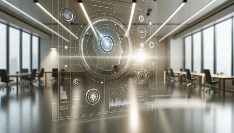 Primer plano de una interfaz tecnológica con elementos de inteligencia artificial en un entorno moderno de oficina