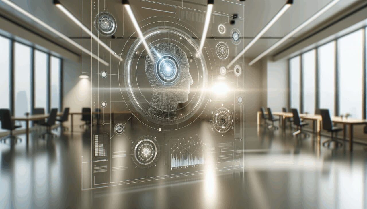 Primer plano de una interfaz tecnológica con elementos de inteligencia artificial en un entorno moderno de oficina