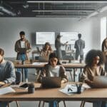 Jóvenes emprendedores trabajando en un espacio de coworking moderno con laptops y pizarras digitales.